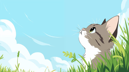 Hand drawn cartoon illustration of cat looking at the sky on the grass in summer