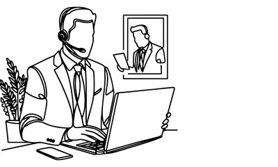 one continues black line drawing business people video conferencing using Laptop working from home sketch outline doodle vector style illustration on white