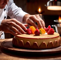 Obraz na płótnie Canvas Hands of a chef final tech decoration on plating of a dessert