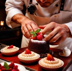 Obraz na płótnie Canvas Hands of a chef final tech decoration on plating of a dessert