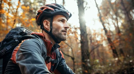 The focused gaze of a biker as they gear up for a challenging mountain trail ready to conquer every...