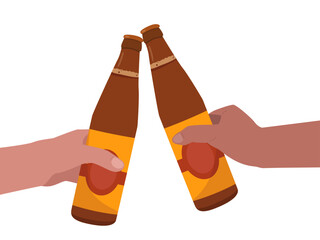 Beer bottles clinking flat vector illustration. Two hands holding glass bottles, friends celebrating with cheers. 