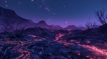 Cercles muraux Aubergine A desolate wasteland at night the landscape forever changed by a vibrant eruption that left behind a glowing path of destruction.