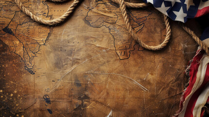 Columbus Day Theme, Overhead Shot of American Flag, Antique Compass, and Map - obrazy, fototapety, plakaty