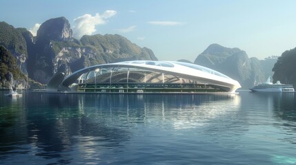 Obraz premium A spectacular floating stadium featuring a transparent roof providing unobstructed views of the sky and surrounding landscape while being anchored in a calm bay.