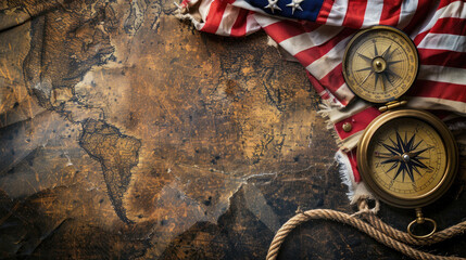 Columbus Day Theme, Overhead Shot of American Flag, Antique Compass, and Map - obrazy, fototapety, plakaty