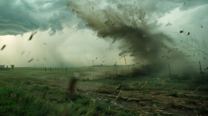 Swirling winds and rain create a chaotic scene as a tornado moves across a rural farmland churning up the earth.