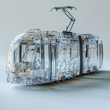 A city tram its form and lines transitioning into a detailed glass melt