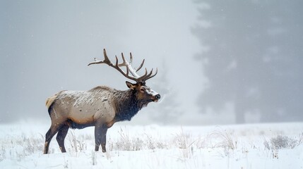 A large elk stands in a clearing its breath visible in the cold air as it struggles to find a patch of grass to graze on amidst the thick snowy terrain.