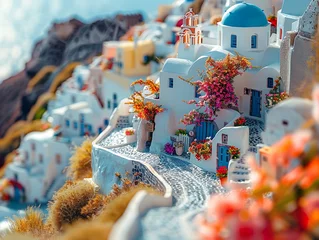 Fototapeten Santorini streets with windows and houses and flowers with tilt-shift miniature effect © Brian Carter
