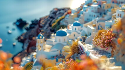 Santorini streets with windows and houses and flowers with tilt-shift miniature effect