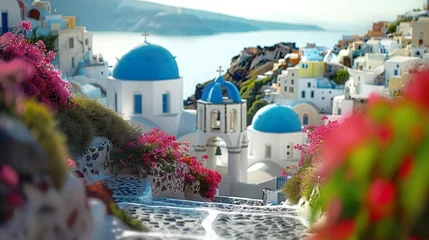 Foto op Plexiglas Santorini streets with windows and houses and flowers with tilt-shift miniature effect © Brian Carter