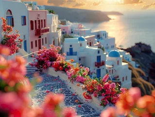 Fototapeten Santorini streets with windows and houses and flowers with tilt-shift miniature effect © Brian Carter