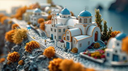 Santorini streets with windows and houses and flowers with tilt-shift miniature effect - obrazy, fototapety, plakaty