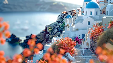 Tuinposter Santorini streets with windows and houses and flowers with tilt-shift miniature effect © Brian Carter