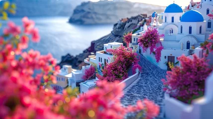 Türaufkleber Santorini streets with windows and houses and flowers with tilt-shift miniature effect © Brian Carter