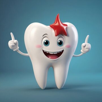 White cartoon tooth, dental character, booklet for book dental dental examination