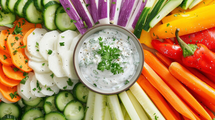 A colorful array of seasonal vegetables carefully sliced and arranged on a platter with a side of creamy herb dip. - obrazy, fototapety, plakaty
