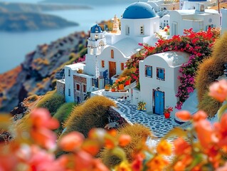 Santorini streets with windows and houses and flowers with tilt-shift miniature effect