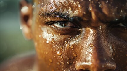 Glistening sweat on a determined athletes forehead.