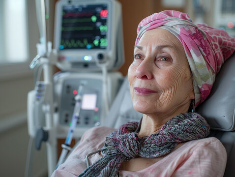 A patient sitting in a chemotherapy infusion room receiving treatment