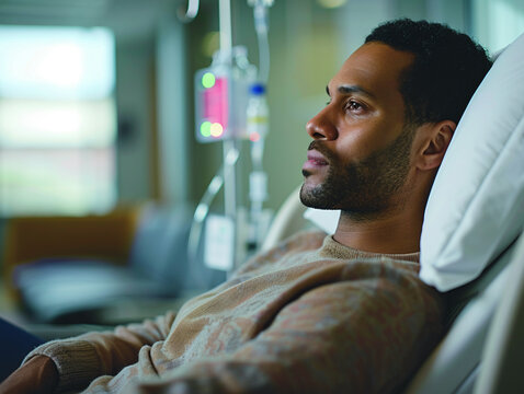 A patient sitting in a chemotherapy infusion room receiving treatment