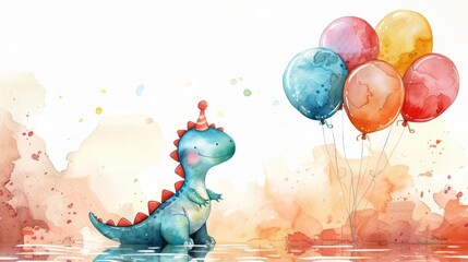 Dino-mite Birthday Bash: Colorful Balloons for a Cute Watercolor Dinosaur Illustration on White...