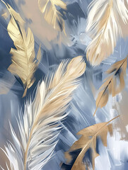 Canvas poster with grey-gold feathers on grey-blue background in wallpaper style