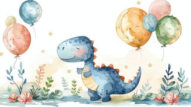 Dino-mite Birthday Bash: Colorful Balloons for a Cute Watercolor Dinosaur Illustration on White Background - Perfect for Children's Greeting Cards, Posters, and Banners!