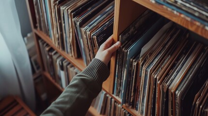 Vintage Vinyl Vibes Aesthetic Hands Arranging Nostalgic Records in Cozy Home Music Nook