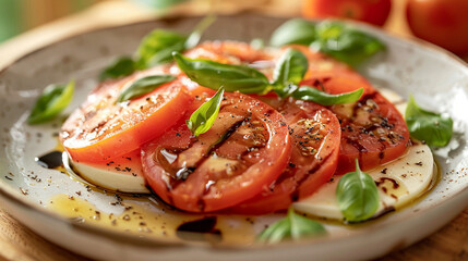 A side-angle view of a Caprese Salad on a white ceramic plate with the window light enhancing the juiciness of the tomatoes and the creamy texture of the mozzarella - obrazy, fototapety, plakaty