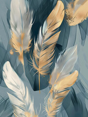 Canvas poster with grey-gold feathers on grey-blue background in wallpaper style