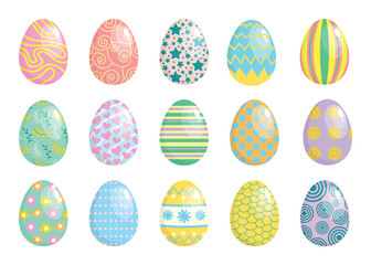 Collection of Easter eggs with different spring, botanical, floral, cute pastel patterns. Easter eggs. Vector set isolated on white background.