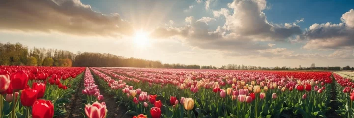 Gordijnen Flowers landscape of blooming colorful tulips field in spring, - Flower background banner panorama © Andrey