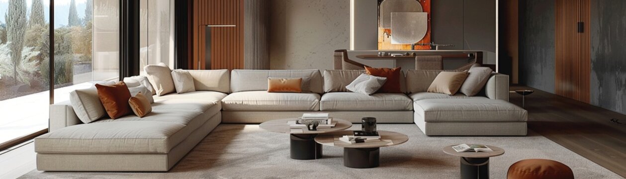 Showcase a minimalist inclination in a living room setting, with a focus on modular sofa design and 32k UHD resolution