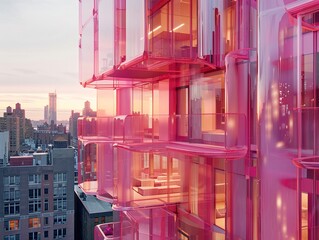 front image of a pneumatic inflatable pink plastic modern residential tower with large windows in New York with cantilever terraces realised by inflatable plastic modules - obrazy, fototapety, plakaty