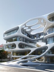 The unique design of this modern building includes cantilever terraces made from inflatable plastic modules - obrazy, fototapety, plakaty