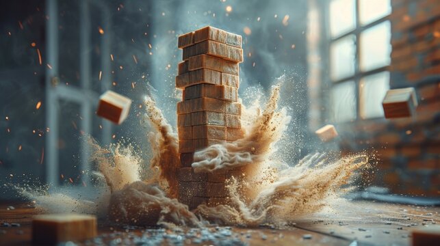 A game of Jenga reaching its tipping point with one small move causing the entire structure of blocks to collapse representing the delicate balance of actions and consequences.