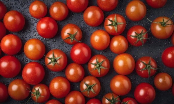 Agriculture harvest food photography background - Ripe tomatoes vegetables texture pattern, with waterdrops, top view, flat lay