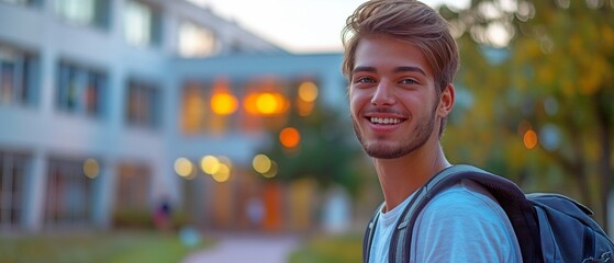 A joyful, cheerful young learner with a rucksack, studying abroad for higher education.