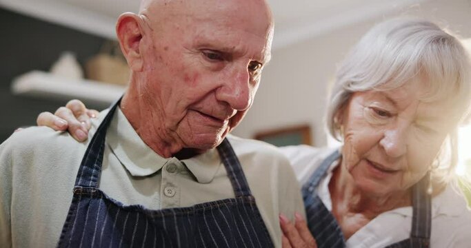 Senior, couple and hug in kitchen with love, support and helping in marriage and retirement. Elderly, man and woman with kindness and gratitude for cooking dinner in home together with happiness