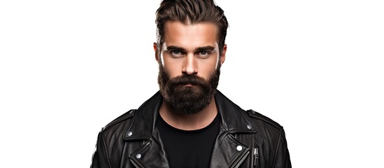 Obraz premium Capture a man with facial hair dressed in a rugged leather jacket in a detailed close-up shot
