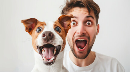 The man and dog look surprised white background