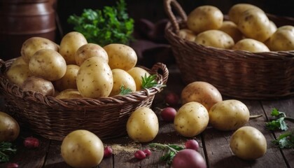 Potatoes and vegetables on a wooden table. Food harvest background.