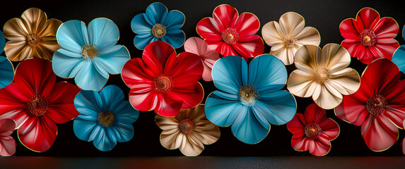 Colorful Flowers Decoration, Handmade Floral Craft on Blue Background