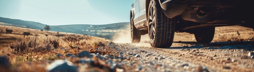 Focus on the high chassis of the SUV and its noticeable distance from the road, emphasizing the ruggedness of the vehicle - obrazy, fototapety, plakaty