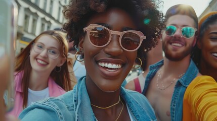 Close-up shows a diverse group of pals smiling and snapping selfies on the street. A cheerful interracial group of young hipsters poses for a picture outside and looks at the camera.  laughter day