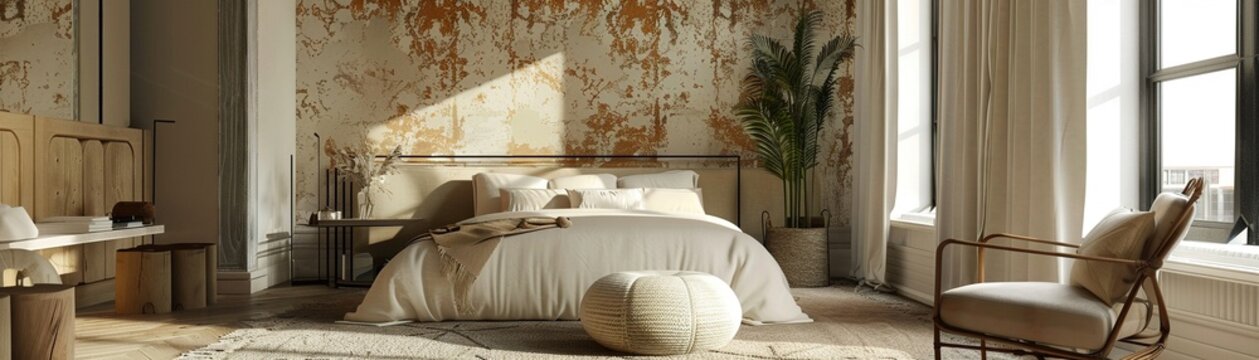 an editorial style photograph of a serene modern moody bedroom Relaxing, Natural Light with scones, wallpapered ceiling a seating area and area rug