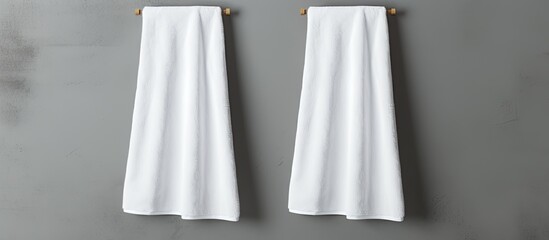 Two clean white towels neatly hung on a wall with a soft and light-colored background