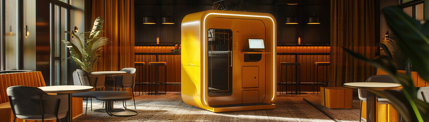 an extreme wide angle cinematic photo of a modern yellow photo booth cabin in the middle of a bar well lit golden hour hyper realistic, detailed textures, extreme detail